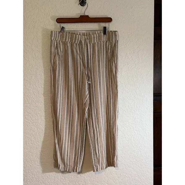 Ann Taylor Factory Pants Tan M Womens Striped Linen Blend Drawstring‎ Casual - Image 9
