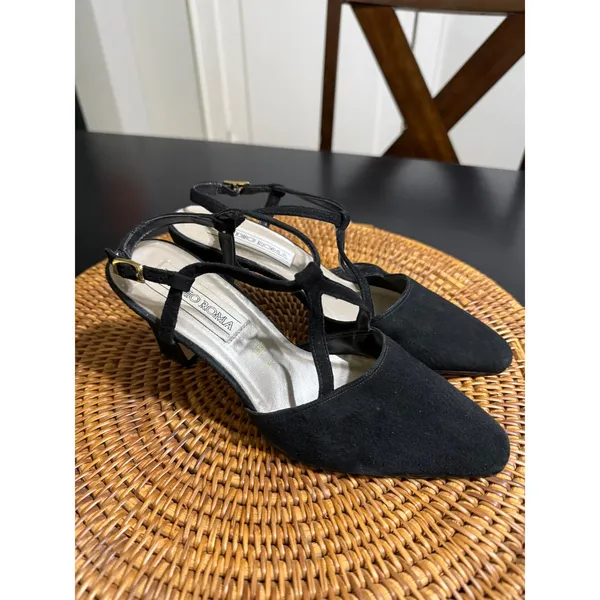 Studio Roma Black Suede Slingback‎ Pumps T-Strap Block Heel Brazil Size 6.5 36 - Image 2