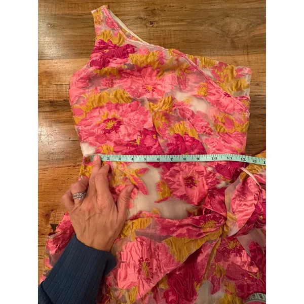 Showpo Brailey Dress One Shoulder Pink Gold Floral Jacquard Wrap Mini US 0 - Image 8