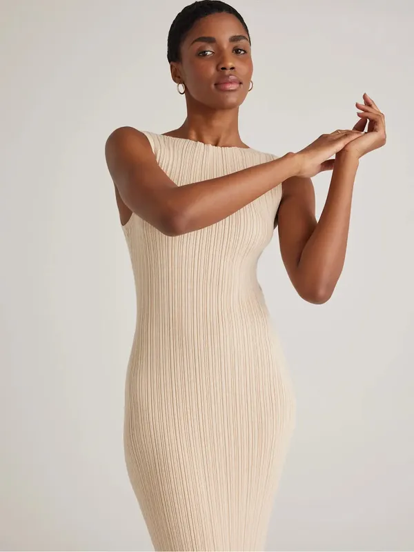 Quince Cotton Cashmere Ribbed Sleeveless Midi Dress Sz L Heather Oatmeal Summer - Image 5
