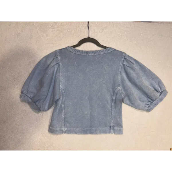 Aerie Seams Right Blue Acid Wash Puff Sleeve‎ Cropped Sweatshirt Scoop Neck NWT - Image 8