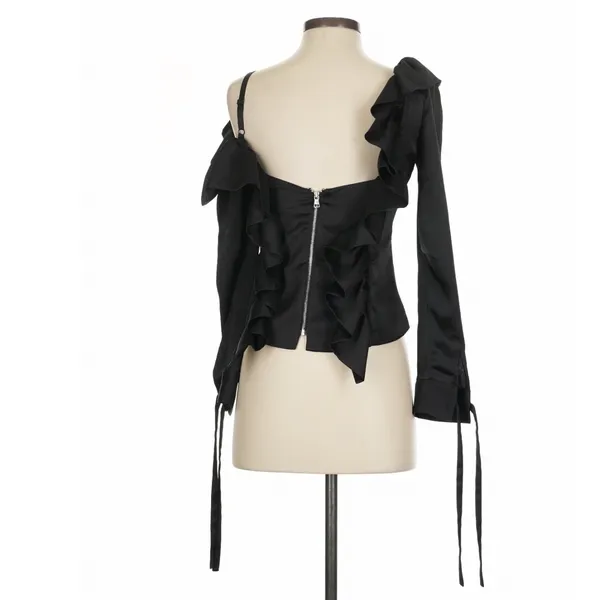 Osman Yousefzada Black Ruffle Cold Shoulder Satin Top Size 2 Whimsigoth Y2K - Image 5