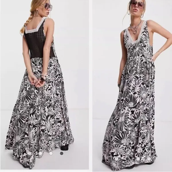Free People Black/Blush Pink Floral Print Dress(Size Small) - Image 3