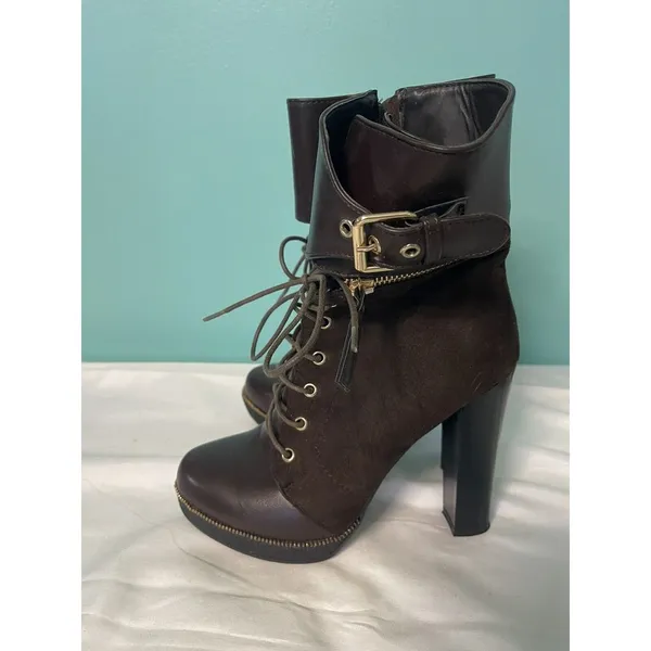 Italina Brown Suede Ankle Boots Gold Zipper and Buckle Size 7.5M‎ - Image 4