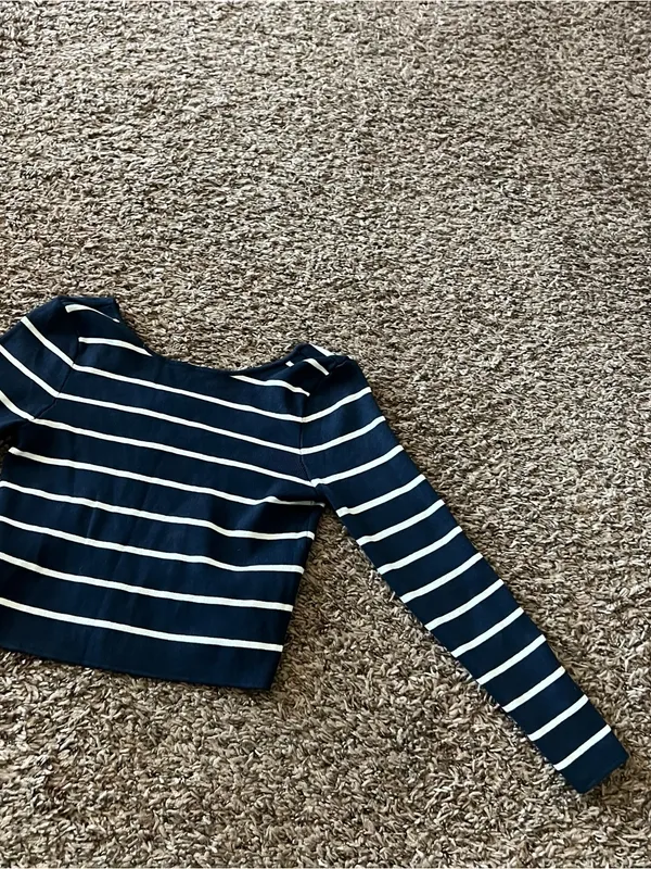 Zara Navy and White Striped Knit Top - Image 2