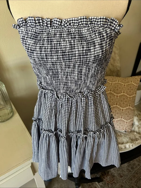 Altar’d state navy white gingham ruffle strapless western rush mini dress M - Image 2