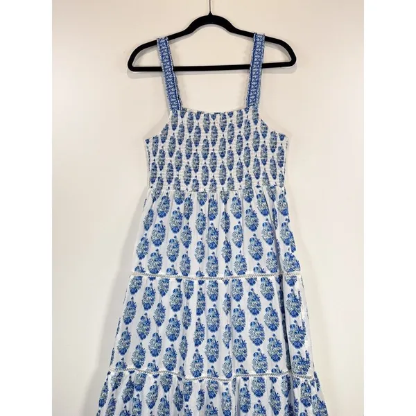 Playa Lucila Maxi Dress Blue Smock Border Tiered Sleeveless Sundress Boho Large - Image 8