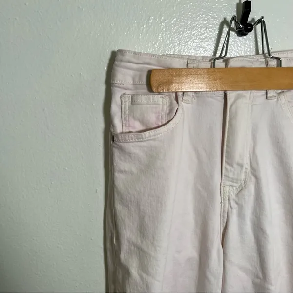 Q2 Premium Denim Womens Sz XS Wide Leg Pants Leopard Print Trim Cream Light Pink - Image 6