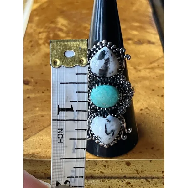White Buffalo Nevada Turquoise Sterling Silver Heart Ring Size 9 - Image 6