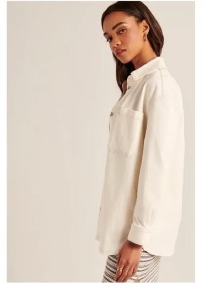 Abercrombie Women's Denim Shirt Jacket in Cream/Off-White - Image 4