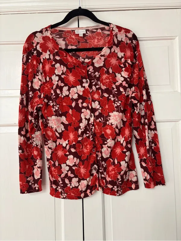 Garnet Hill Red Floral Button-Down Cardigan 100% Merino Wool Blouse Size Medium‎ - Image 2