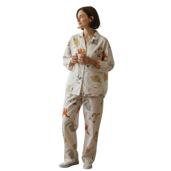 Aegean Apparel Cat Print 100% Cotton Pajama Set White Womens Medium EUC - Image 3