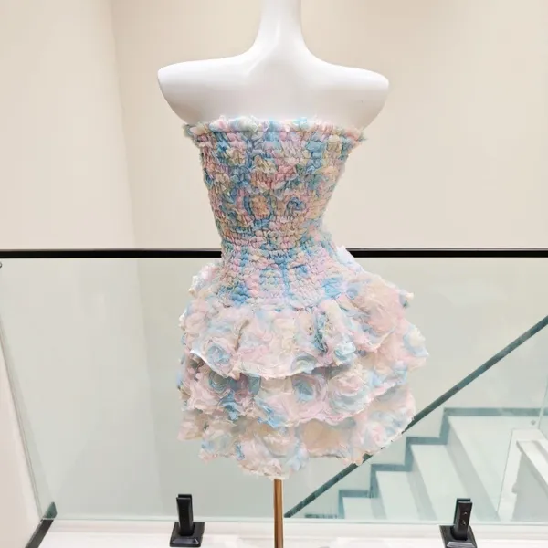 Women Pastel Strapless Mini Dress 3D Floral Ruffle Tiered Skirt Smocked Bodice Twisted Front - Image 4