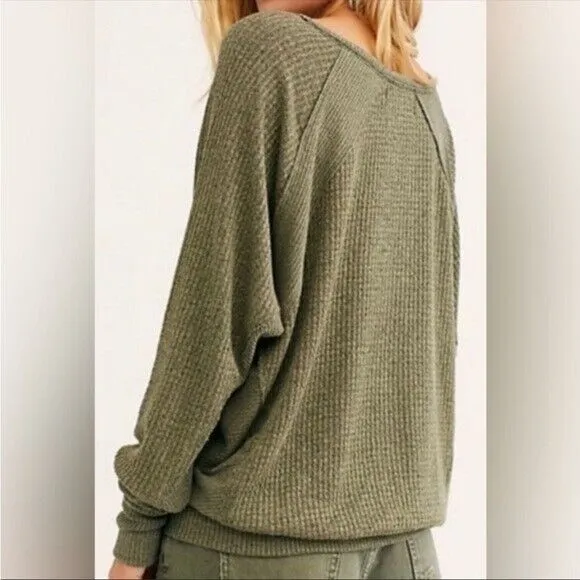 Free People Waffle Knit V-Neck Top‎ Long Sleeve Olive Green Comfy Casual Sz M - Image 3