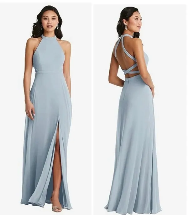 Dessy Collection Stand Collar Halter Maxi Dress Criss Cross Open-back Mist 4 - Image 2