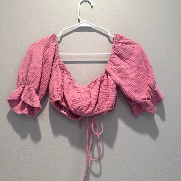 Luca + Grae Pink‎ Tie Front Crop Top Puff Sleeves Size Small Cruise Summer - Image 3