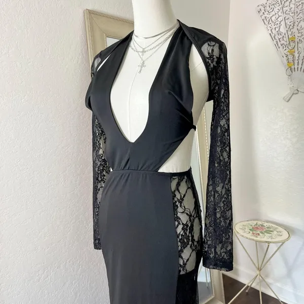 Sexy Sultry Black Lace Sheer Cutout Bodycon Evening Going Out Dress S - Image 4