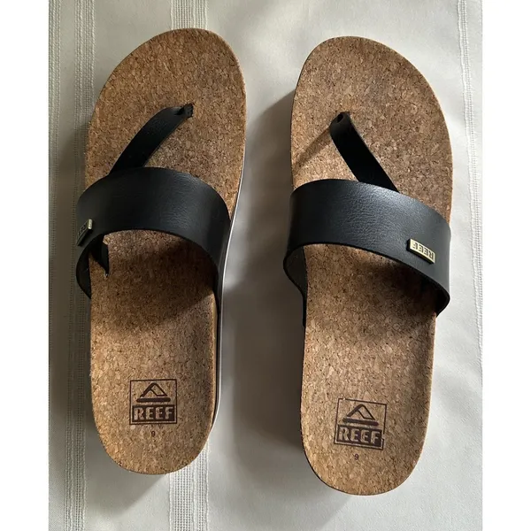 REEF Cushion Sol Hi Platform Flip Flop Sandals Black Tan Womens 9 Cork Wedge EUC - Image 9