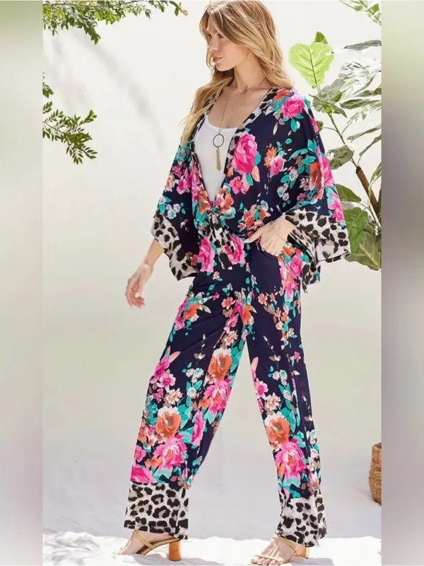Bohemian Style Floral Wide-Leg & Kimono Top - Image 3