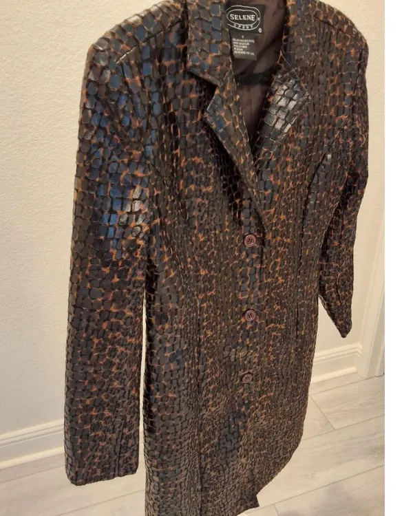 Selene Sport Vintage S Faux Snakeskin Leather Animal Print Long Jacket Coat NWOT - Image 5