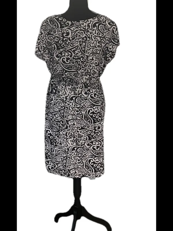 Faded Glory Black White Floral V-Neck Short Sleeve Knee Knit Dress S Stretch - Image 4