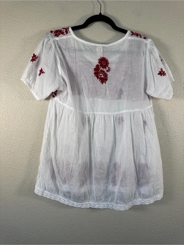 Raga White Red Embroidered Floral Babydoll Blouse Womens L Boho Cotton Top - Image 3