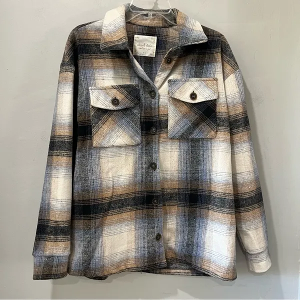 Altar'd State Plaid Oversized Jacket Coat Size XS Blue‎ Taupe Buttons Pockets - Image 2