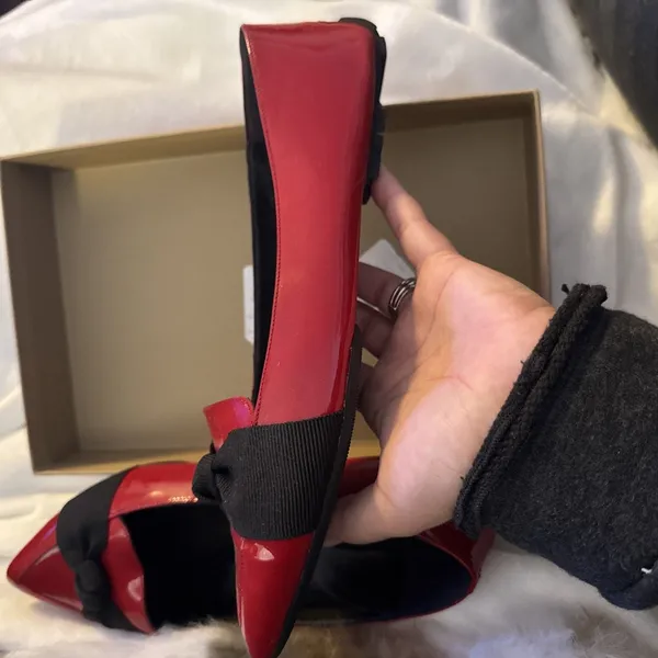 Burberry Red Patent Loafers Grosgrain Bow Flat Shoes SIZE 40- Box, Info &Dustbag - Image 6