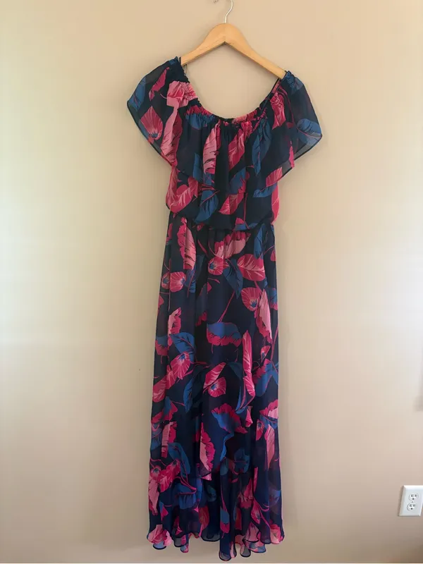 Express Off The Shoulder High Low Maxi Dress Size Small Vacation Tropical Flowy - Image 4