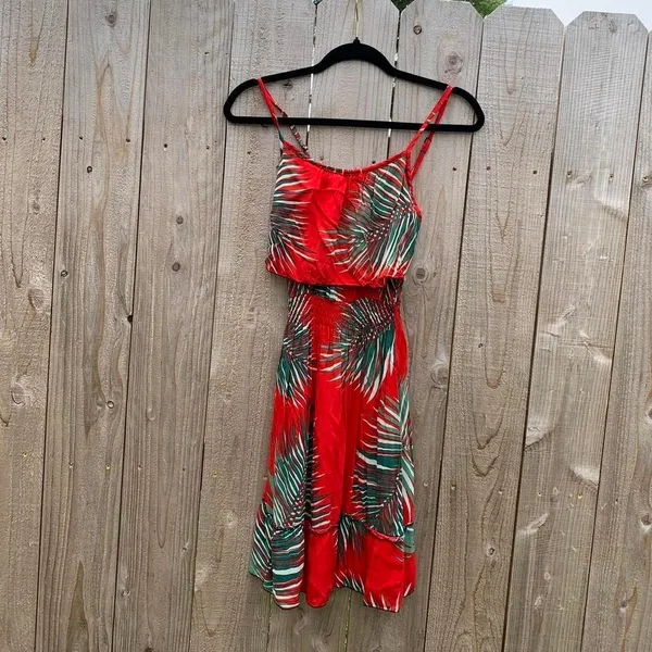 Red &‎ green palm leaf tropical dress size small Hawaiian spring summer beach - Image 3