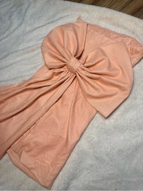 Lovely Day Strapless Peach Mini Dress with Dramatic Back Bow - Image 8