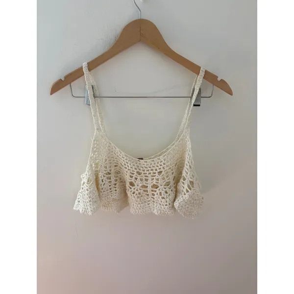Free People Ivory White‎ Crochet Crop Top Boho Cotton Knit Cami XS - Image 2