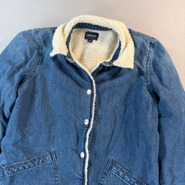 J.Crew Jeans Denim Sherpa Lined Jacket Blue Medium Wash Snap Front Womens Large - Image 6