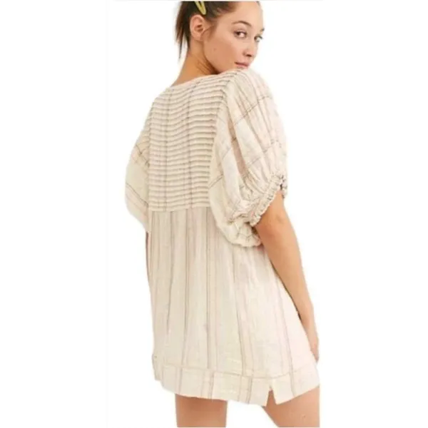 Free People Elsie Textured Gauze Tunic Mini Babydoll Dress Ivory Puff Sleeve - Image 2