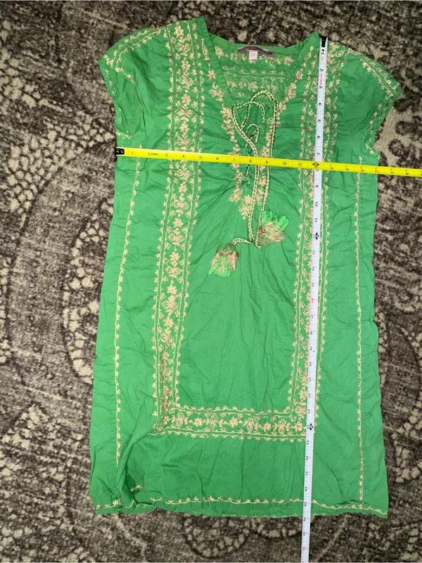 Calypso St. Barth XS Green Gold Embroidered Cotton Lace Up Tassel Tunic Dress - Image 8