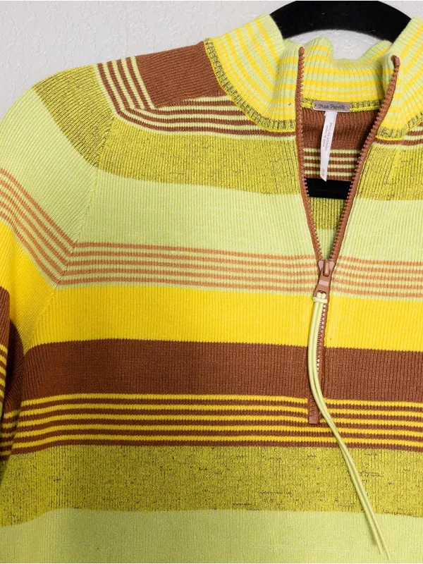 NWT Free People Rip Tide Zip Mockneck Top M Green Stripe Cropped Knit Sweater - Image 5