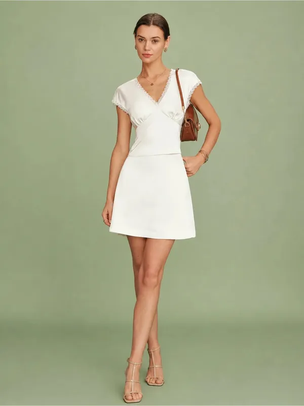 Rihoas Apricot V Neck Lace Satin Tee - Image 5