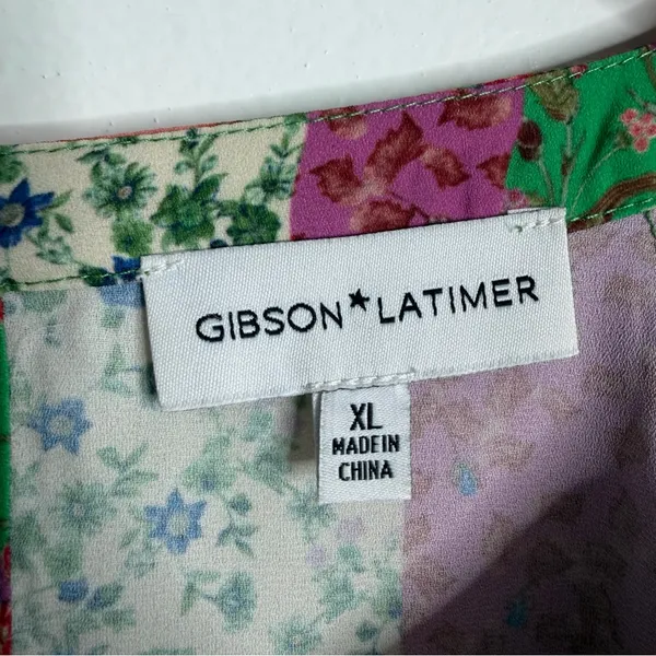 Gibson Latimer Floral Patchwork Boho Blouse XL Long Sleeve Smocked‎ Neck Artsy - Image 4