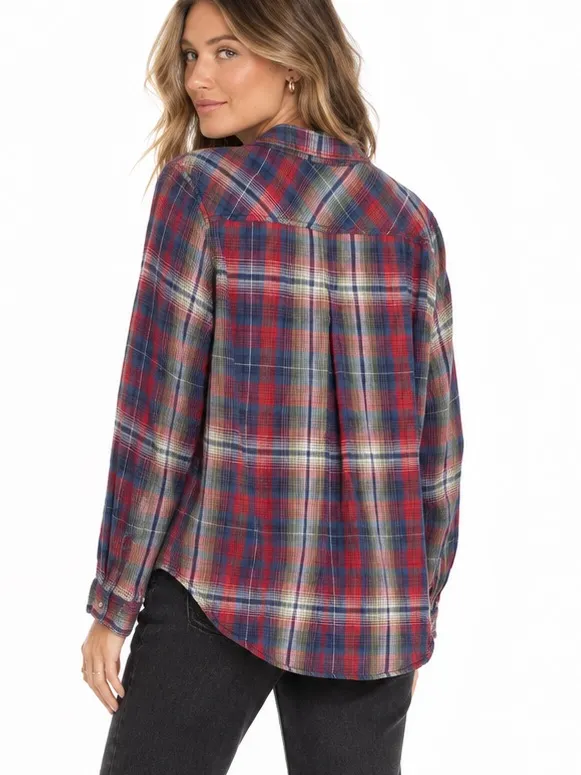 Dylan Medium Red Blue Plaid Flannel Button Down Shirt Western Fall Layering Top - Image 2