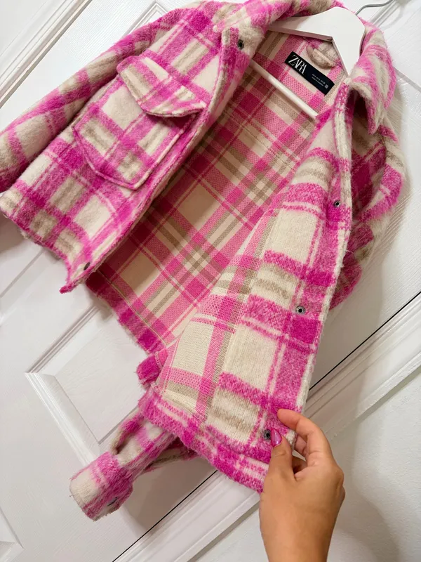 Zara Cropped Plaid Shacket Jacket Pink Cream Fuzzy Cozy Preppy Fall Size S - Image 8