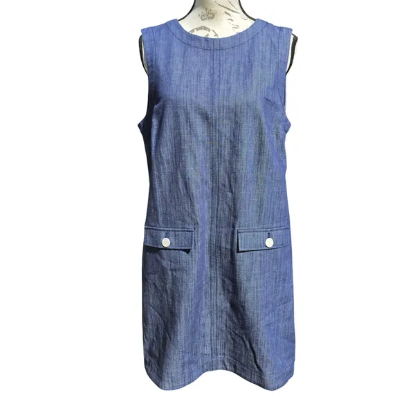 LOFT NWT Womens Blue Cotton Denim Sleeveless Shift Dress Button Pockets Size 10 - Image 2
