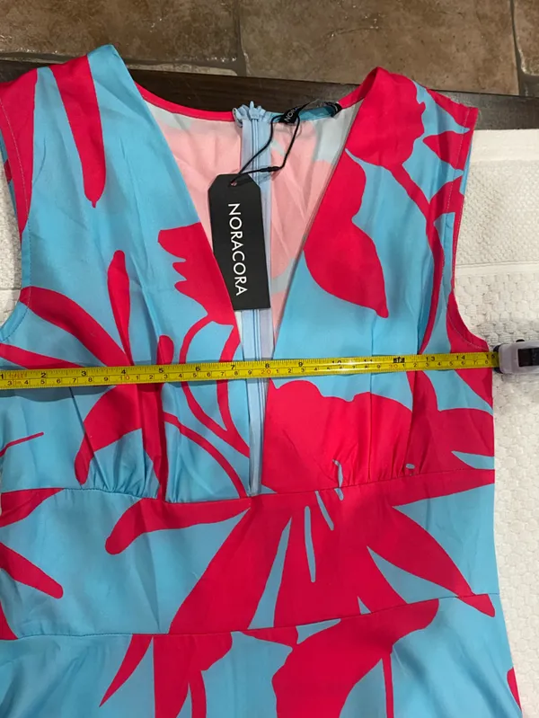 Sleeveless Maxi Dress in Turquoise with Hot Pink Floral Print - Image 3