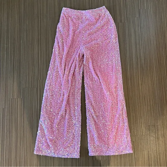 NWOT pink sequin glitter wide leg pants - Image 3