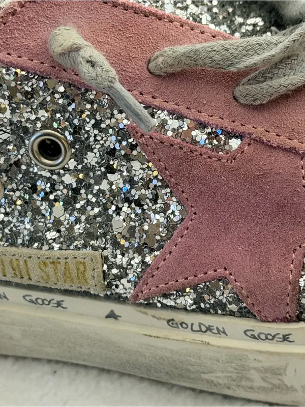 Golden Goose Hi Star Sneakers - Silver Glitter & Pink Suede Star (Size 38) - Image 15