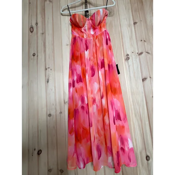 NWT Lulus Aysel Coral Pink Abstract Strapless Bustier Midi Dress Cruise Vacay XS - Image 2