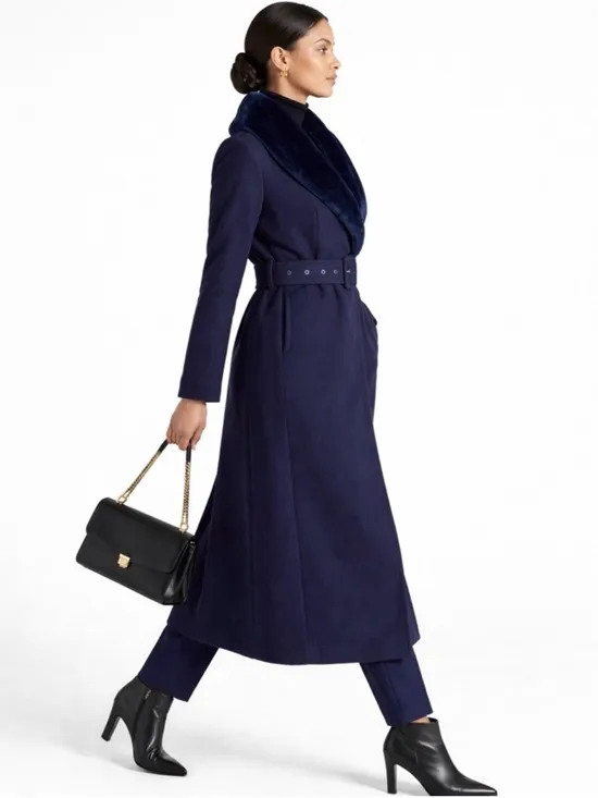 NEW Naked Wardrobe Navy Blue Faux Fur Collar Belted Long Coat Small Winter Lux - Image 4