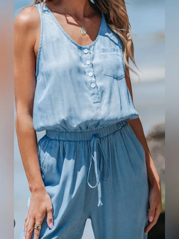 Cupshe Woman’s Lg Light Blue Sleeveless Elastic Waistband Chambray Jumpsuit - Image 3