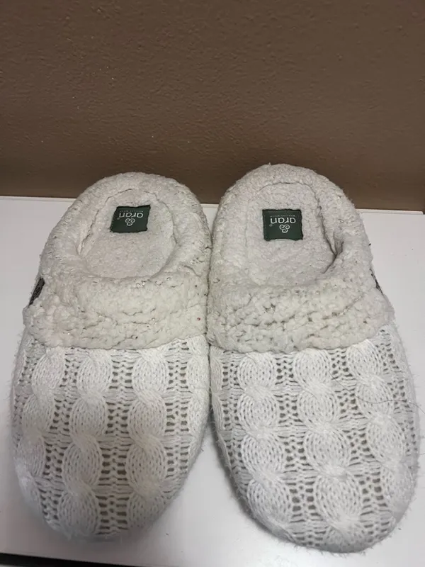 Aran Cream/White Cable Knit Sherpa Slip-On Slippers Size M 7-8 - Image 2