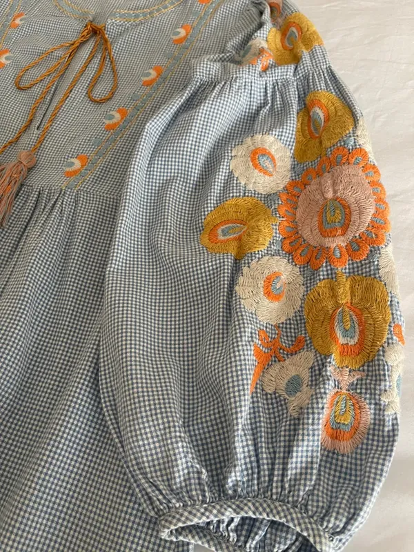 ZARA Woman Boho Embroidered Gingham Blouse - light Blue & White - Image 8