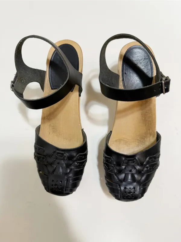 Swedish Hasbeens Black Leather Braided Heeled Clog Ankle Strap Sandal Size 7 - Image 2